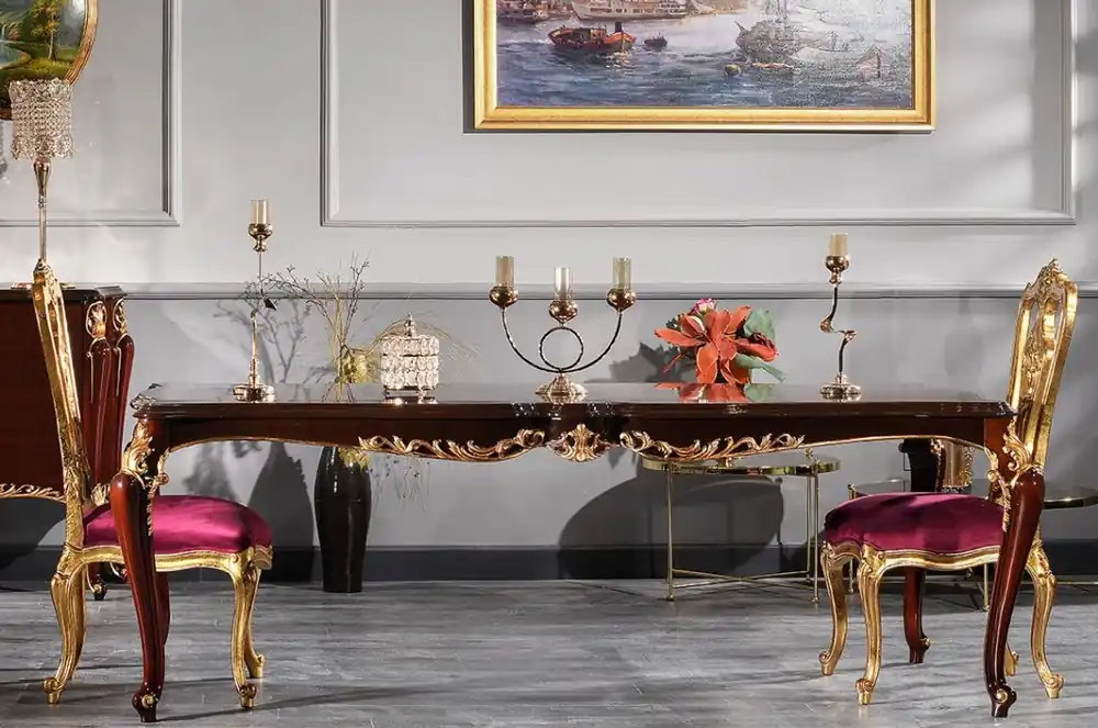 Casa Padrino table à manger baroque de luxe marron foncé / or 238 x 118 x H. 81 cm - Magnifique table de cuisine - Table de salle à manger en bois massif - Mobilier de salle à manger baroque Sichere Zahlung