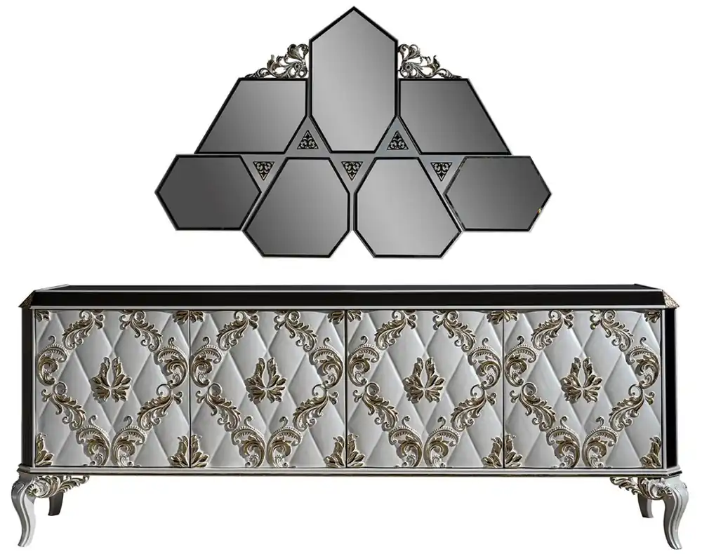 Schnäppchen Casa Padrino ensemble de meubles baroques de luxe buffet avec miroir blanc / or / noir - Armoire en bois massif noble avec miroir mural élégant - Meubles de style baroque