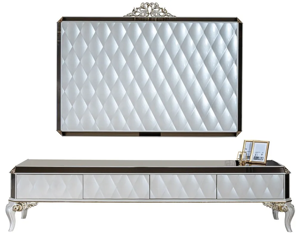 Begrenztes Angebot Casa Padrino armoire TV baroque de luxe blanc / or / noir 235 x 52 x H. 54 cm - Buffet en bois massif noble avec mur TV - Armoire de salon - Meubles de salon de style baroque
