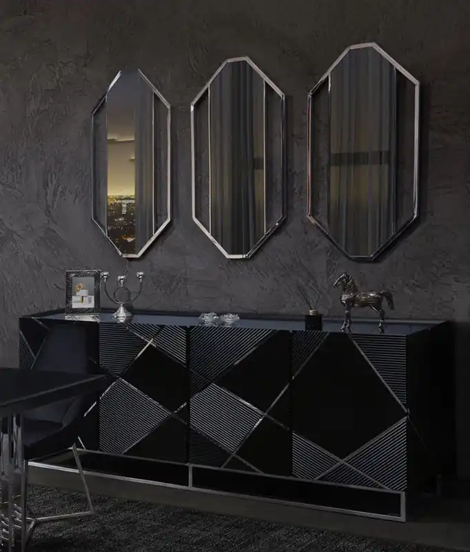 Casa Padrino ensemble de meubles de luxe buffet et 3 miroirs noir / argent - Armoire en bois massif et 3 miroirs muraux élégants - Meubles de luxe - Qualité de Luxe Sofort Bestellen