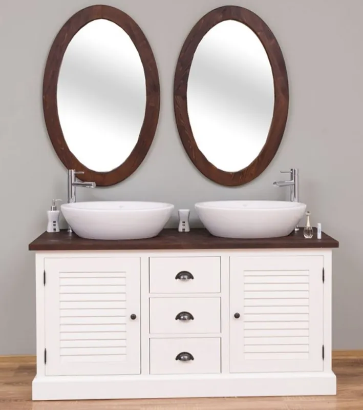 Casa Padrino ensemble de salle de bain de style champêtre blanc / marron foncé - 1 Armoire Lavabo Double et 2 Miroirs Mural - Meubles de Salle de Bain en Bois Massif de Style Champêtre Neu Im Sortiment