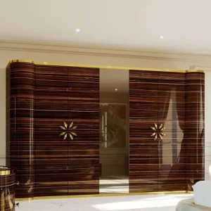 Abverkauf Casa Padrino armoire de chambre design de luxe marron brillant / or 285 x 62 x H. 250 cm - Armoire en bois massif noble avec 4 portes - Mobilier d'Hôtel - Qualité de Luxe - Fabriqué en Italie