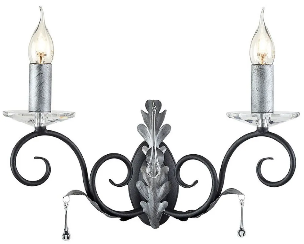 Casa Padrino applique murale double baroque noir / argent 37 x 19 x H. 38 cm - Applique murale avec des feuilles de chêne faites à la main et des gouttes de verre décoratives - Appliques de style baroque Jetzt Kaufen
