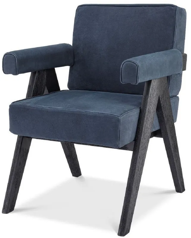 Casa Padrino chaise de salle à manger de luxe en cuir véritable avec accoudoirs bleu / noir 64 x 70 x H. 87,5 cm - Chaise de cuisine avec cuir de buffle nubuck fin - Meubles de salle à manger de luxe Jetzt Bestellen