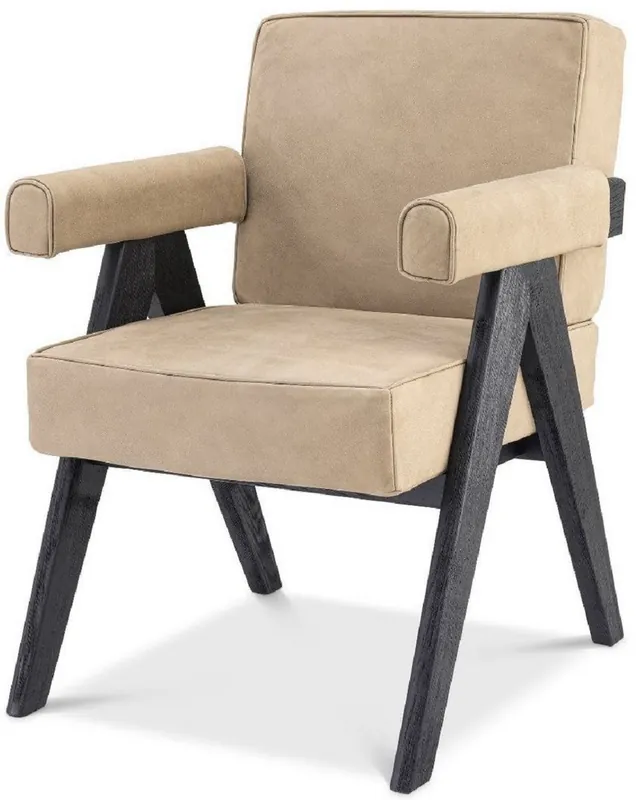 Casa Padrino chaise de salle à manger de luxe en cuir véritable avec accoudoirs beige / noir 64 x 70 x H. 87,5 cm - Chaise de cuisine avec cuir de buffle nubuck fin - Meubles de salle à manger de luxe Heißes Angebot