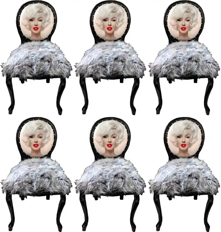 Casa Padrino ensemble de chaises de salle à manger baroques de luxe Marilyn Monroe gris / noir 50 x 60 x H. 104 cm - Chaises de créateur Pop Art avec fausse fourrure - Mobilier de salle à manger baroque Sonderaktion