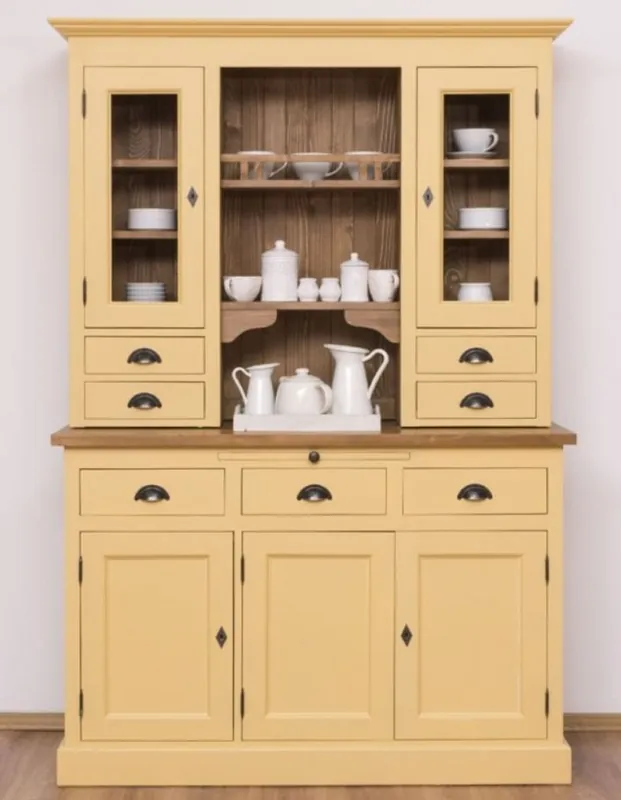 Casa Padrino armoire de cuisine de style campagnard jaune / marron 137 x 50 x H. 197 cm - Armoire de Cuisine 2 Pièces avec 5 Portes et 7 Tiroirs - Mobilier de Cuisine de Style Campagnard Garantierte Lieferung