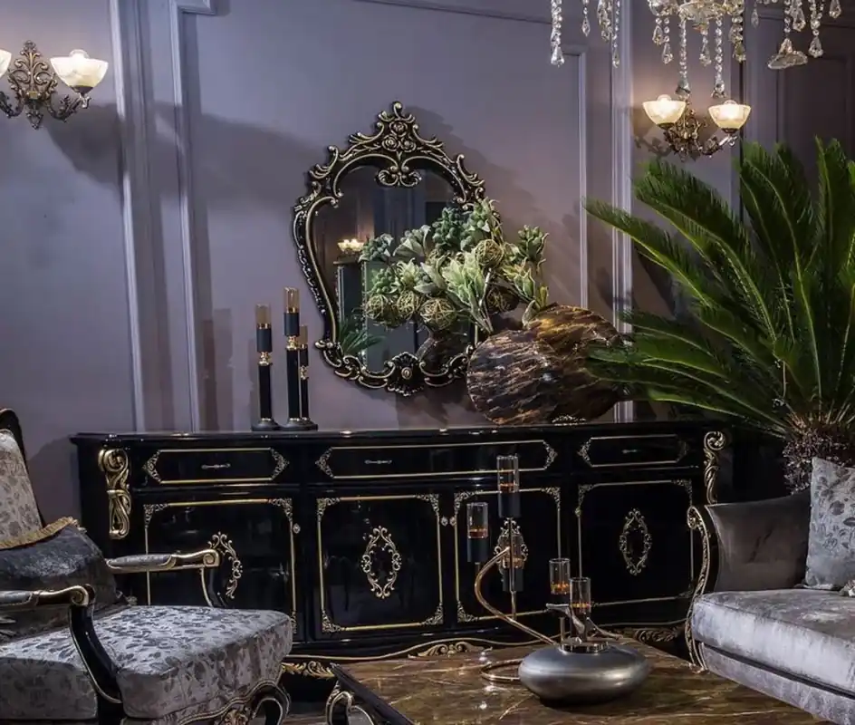 Super-Preis Casa Padrino ensemble de meubles baroques de luxe buffet avec miroir noir / or - Magnifique armoire en bois massif avec élégant miroir mural - Meubles de style baroque