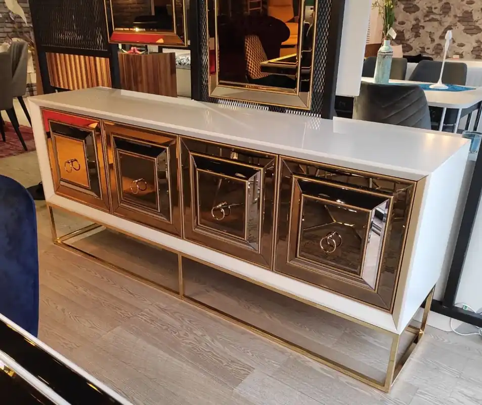 Ausverkauf Casa Padrino buffet de luxe avec 4 portes miroir blanc / or 208 x 49 x H. 88 cm - Meubles de salon de luxe