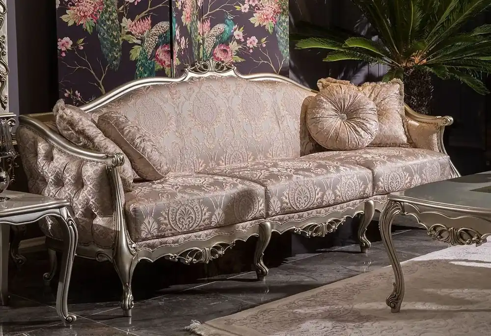 Begrenztes Angebot Casa Padrino canapé de salon baroque de luxe rose / argent 245 x 83 x H. 104 cm - Canapé en bois massif avec un motif élégant et coussins décoratifs - Mobilier de salon de style baroque