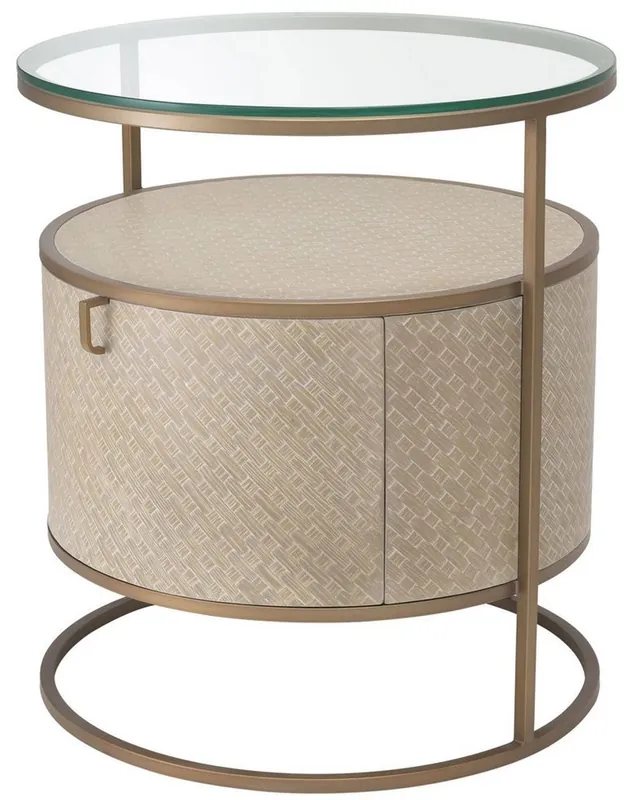 Wochenendangebot Casa Padrino table de chevet luxe beige / laiton Ø 50 x H. 56 cm - Table d'Appoint Ronde avec Tiroir et Plateau en Verre - Mobilier de Chambre à Coucher de Luxe