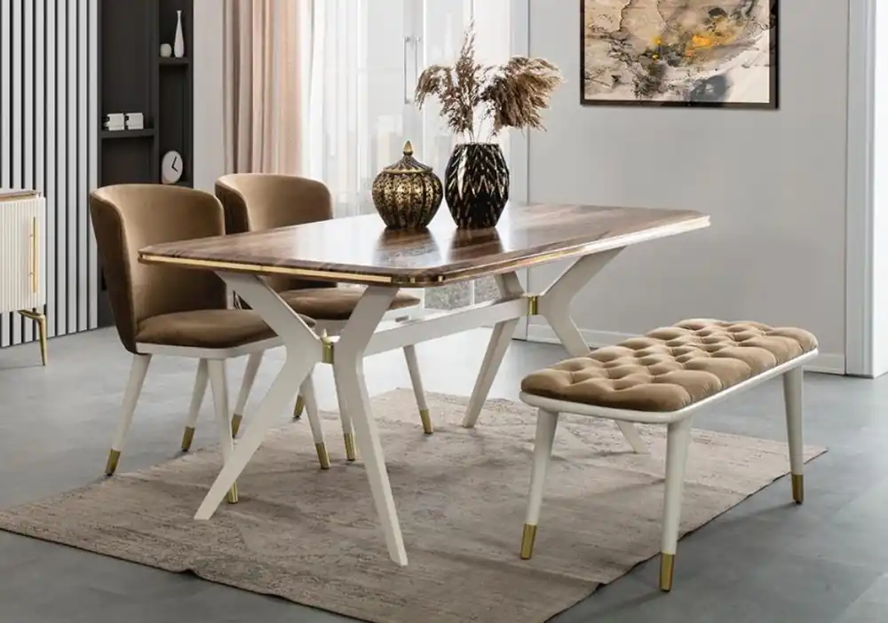 Casa Padrino ensemble de salle à manger Art Déco de luxe marron / blanc / or - 1 Table à Manger et 4 Chaises de Salle à Manger et 1 Banc - Mobilier Art Déco Top-Angebot