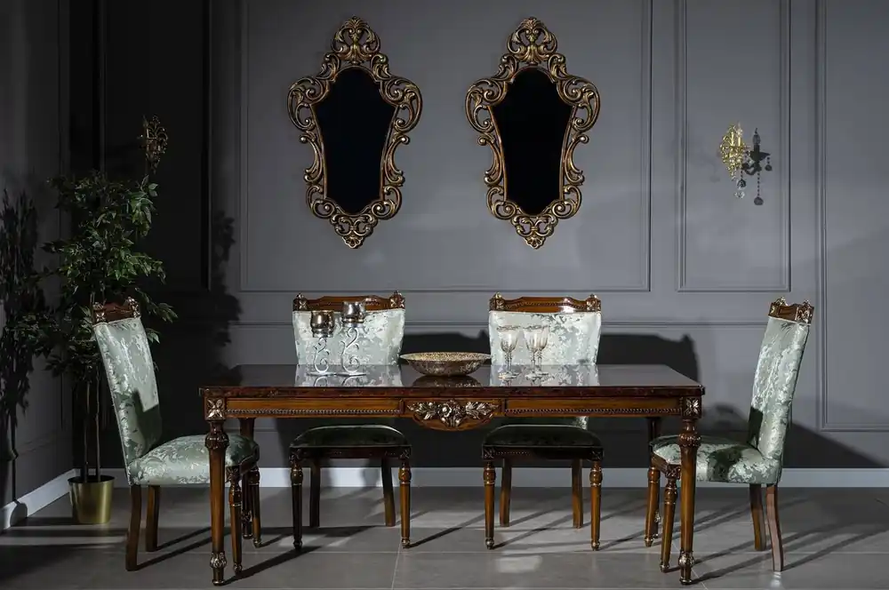 Markenware Casa Padrino ensemble de salle à manger baroque de luxe vert menthe / marron - 1 Table à Manger et 6 Chaises de Salle à Manger - Mobilier de salle à manger de style baroque nobles