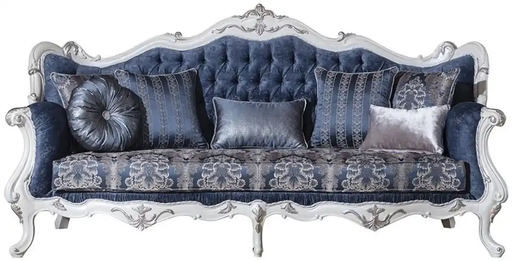 Casa Padrino canapé de salon baroque de luxe avec motif et coussins décoratifs bleu / blanc / argent 240 x 90 x H. 120 cm - Magnifique mobilier baroque Kracherpreis
