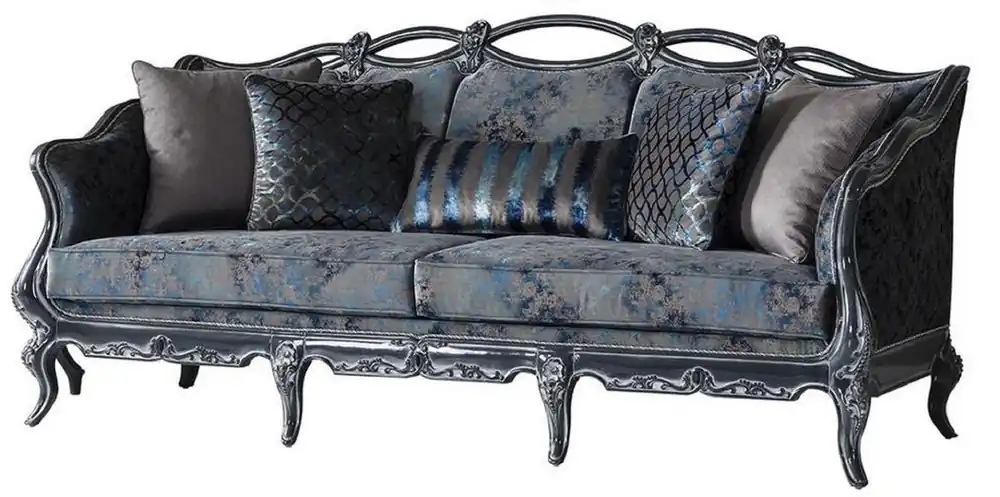 Casa Padrino canapé baroque de luxe gris / bleu / gris 224 x 103 x H. 110 cm - Canapé de salon noble avec motif élégant et coussins décoratifs - Meubles de salon de style baroque Top-Angebot