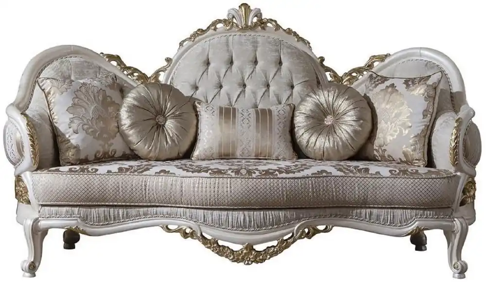 Saisonangebot Casa Padrino canapé baroque de luxe gris / blanc / or 220 x 80 x H. 124 cm - Magnifique canapé de salon avec coussins décoratifs - Mobilier Baroque