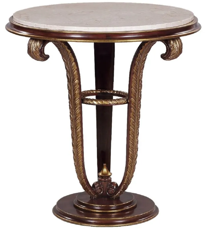 Casa Padrino table d'appoint baroque de luxe marron / or / crème Ø 69 x H. 73 cm - Table ronde en acajou avec plateau en marbre et plumes décoratives sculptées à la main - Mobilier de salon baroque Ausverkauf