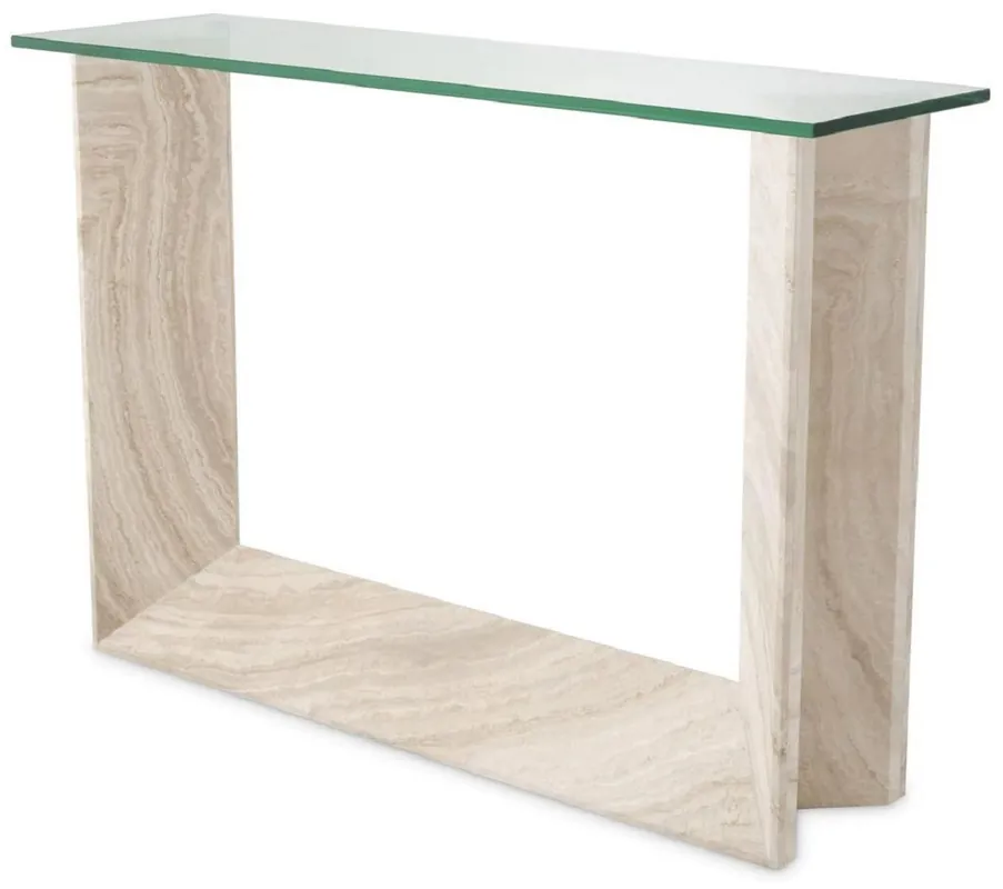 Must-Have Casa Padrino luxury console beige 120 x 37 x H. 83.5 cm - Rectangular travertine console table with glass top - Living room furniture - Luxury furniture - Luxury interiors - Furniture luxury