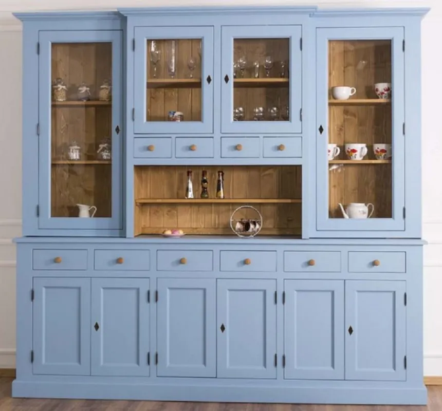 Echt Casa Padrino country style dining room cabinet light blue / natural 245 x 47 x H. 225 cm - Solid wood kitchen cabinet - Dining room furniture in country style - Country style furnishings