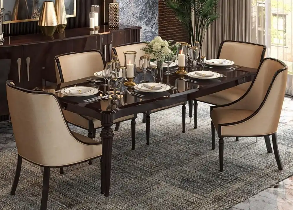 Casa Padrino luxury Art Deco dining room set beige / dark brown high gloss / silver - 1 Art Deco Dining Table & 6 Art Deco Dining Chairs - Art Deco dining furniture - Luxury Quality Markenprodukt