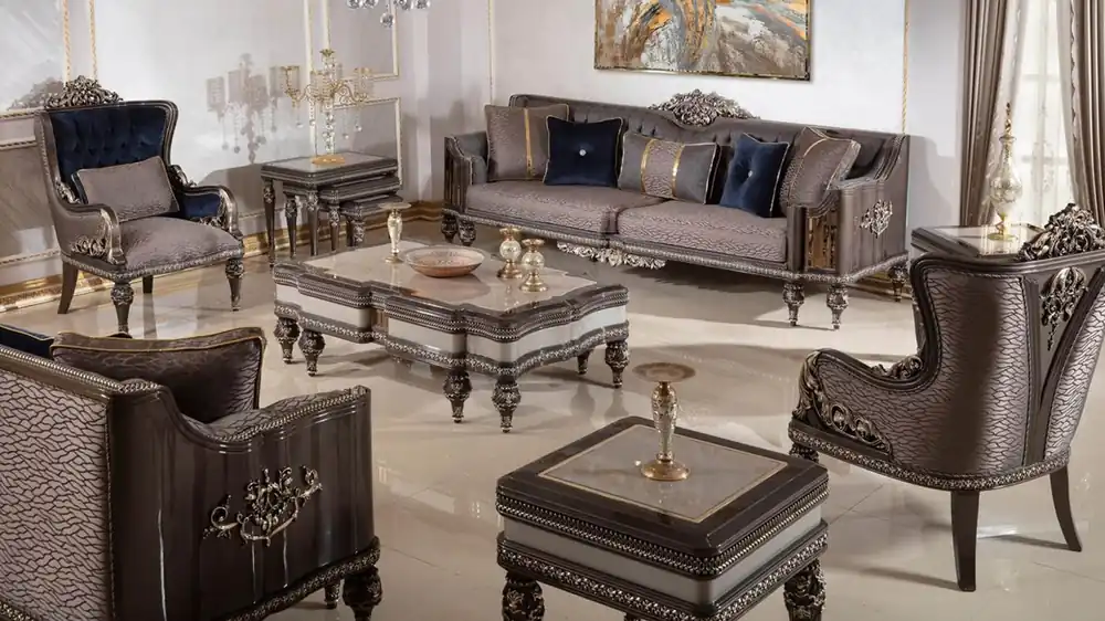 Must-Have Casa Padrino luxury baroque living room set gray / dark brown / gold - 2 Sofas & 2 Armchairs & 1 Coffee Table & 2 Side Tables - Handmade baroque living room furniture - Noble & Magnificent