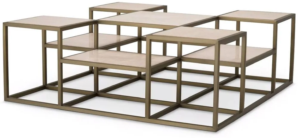 Finale Aktion Casa Padrino luxury coffee table brass / beige 120 x 120 x H. 41.5 cm - Square stainless steel living room table with travertine table tops - Living room furniture - Luxury furniture