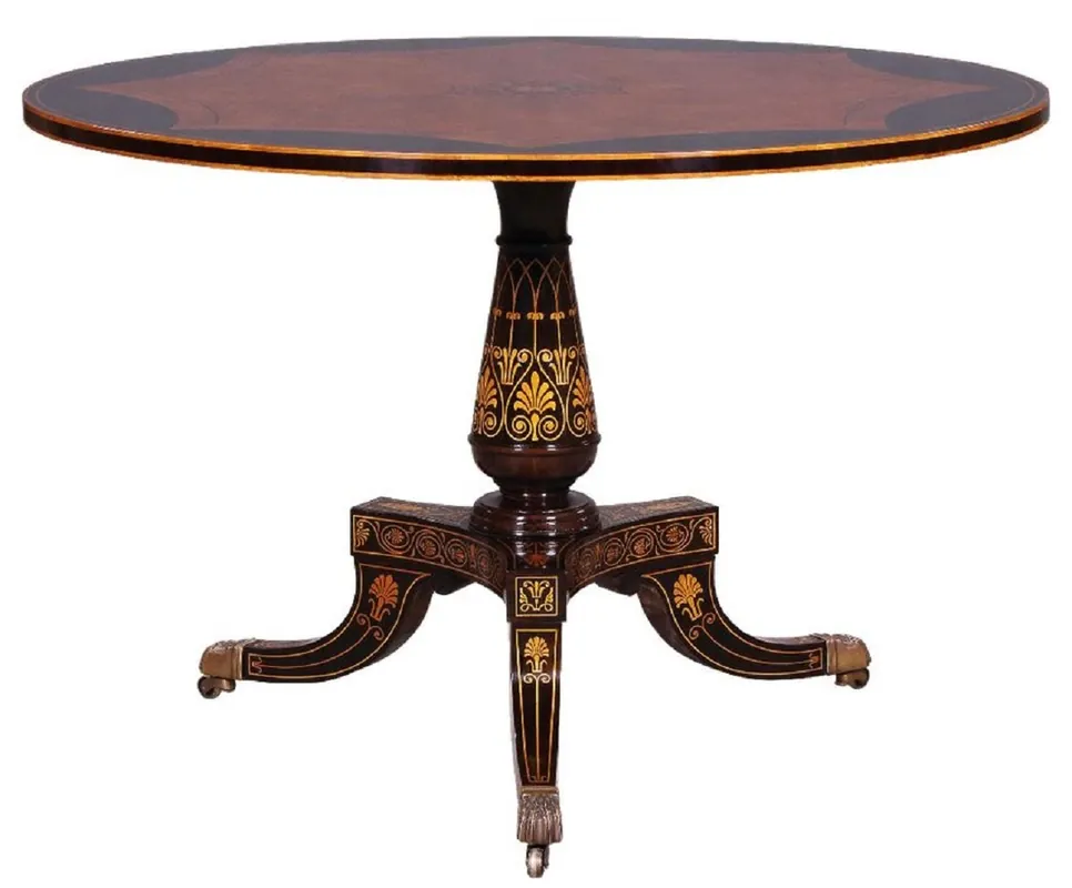 Zertifiziert Casa Padrino luxury baroque dining table brown / black / gold - Round solid wood dining room table in baroque style - Baroque dining room furniture - Luxury dining room furniture baroque style