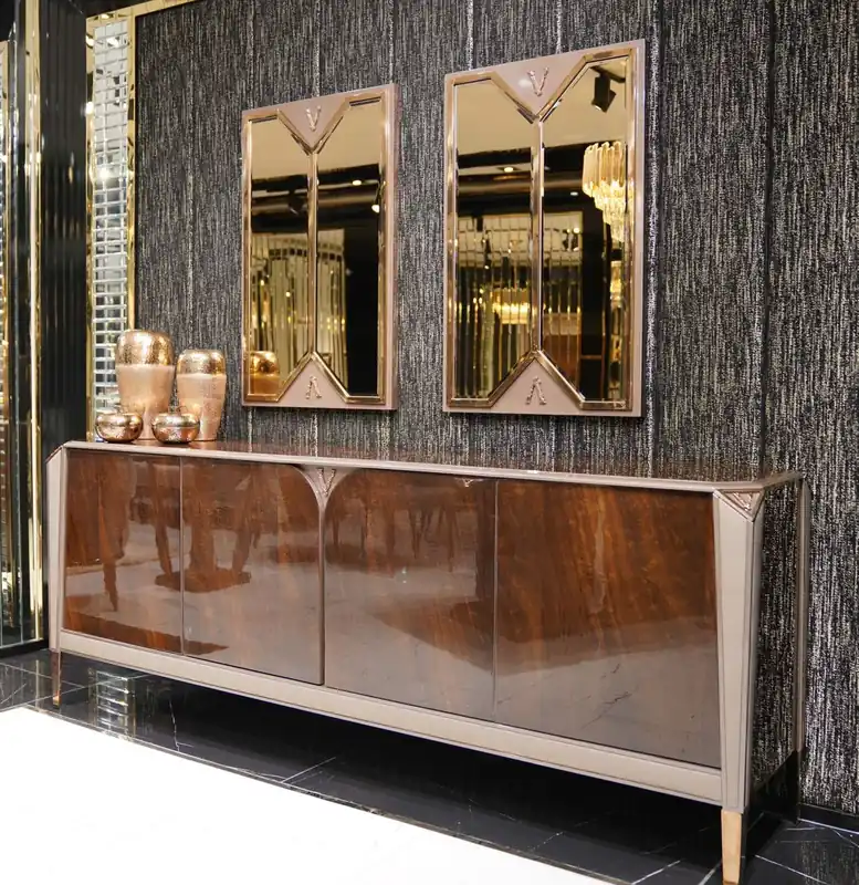 Casa Padrino luxury furniture set dark brown / gray / copper / gold - 1 Luxury Sideboard with 4 Doors & 2 Luxury Wall Mirrors - Dining room furniture - Dining room furnishings - Luxury furniture Letzte Chance