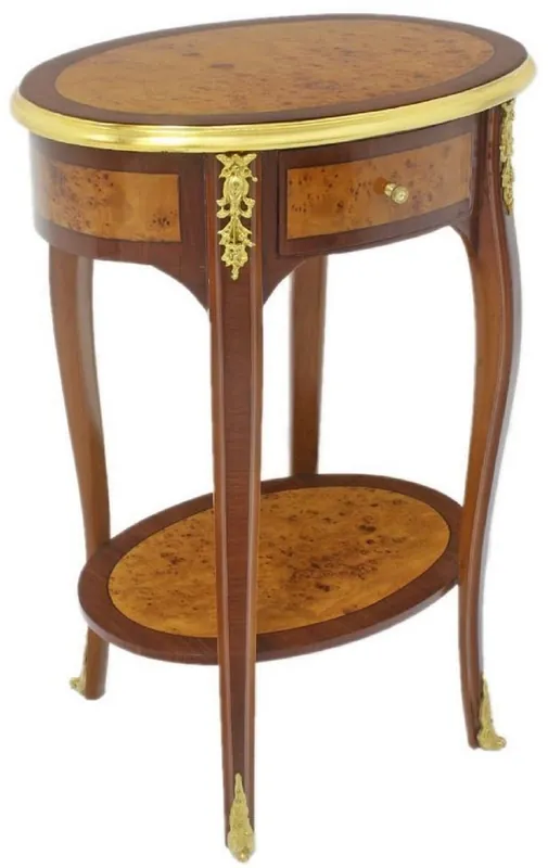 Garantierte Lieferung Casa Padrino table d'appoint baroque marron foncé / marron clair / or 50 x 35 x H. 75 cm - Table ovale en bois massif avec tiroir - Mobilier de salon baroque
