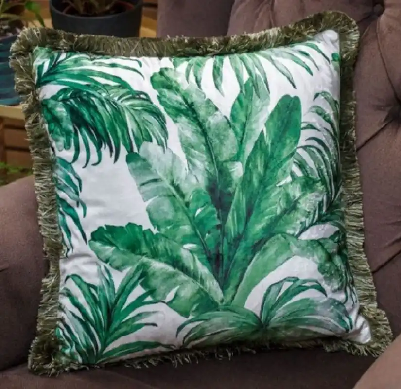 Rabatt Casa Padrino coussin décoratif de luxe feuilles de palmier design blanc / vert 45 x 45 cm - Coussin en velours imprimé avec franges - Décoration de Salon