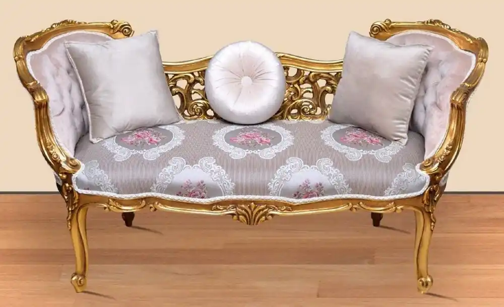 Casa Padrino banc baroque argent / rose / or 150 x 55 x H. 80 cm - Magnifique banc en bois massif avec motif floral noble - Mobilier Baroque Sichere Zahlung