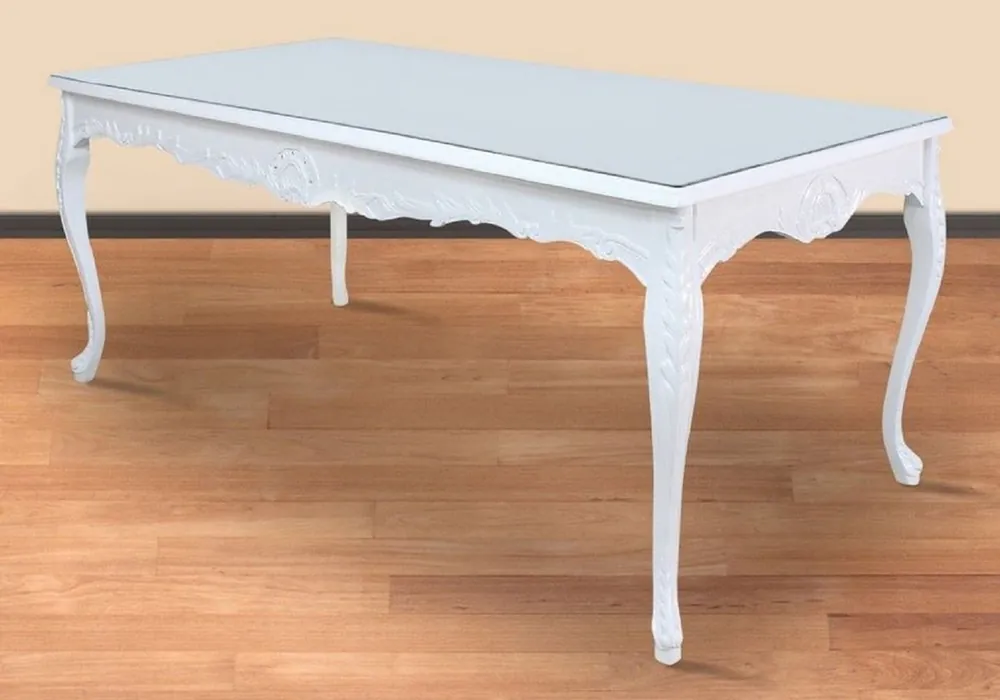 Casa Padrino table à manger baroque blanc 200 x 100 x H. 90 cm - Table de cuisine en bois massif avec plateau en verre - Mobilier de salle à manger baroque Sale