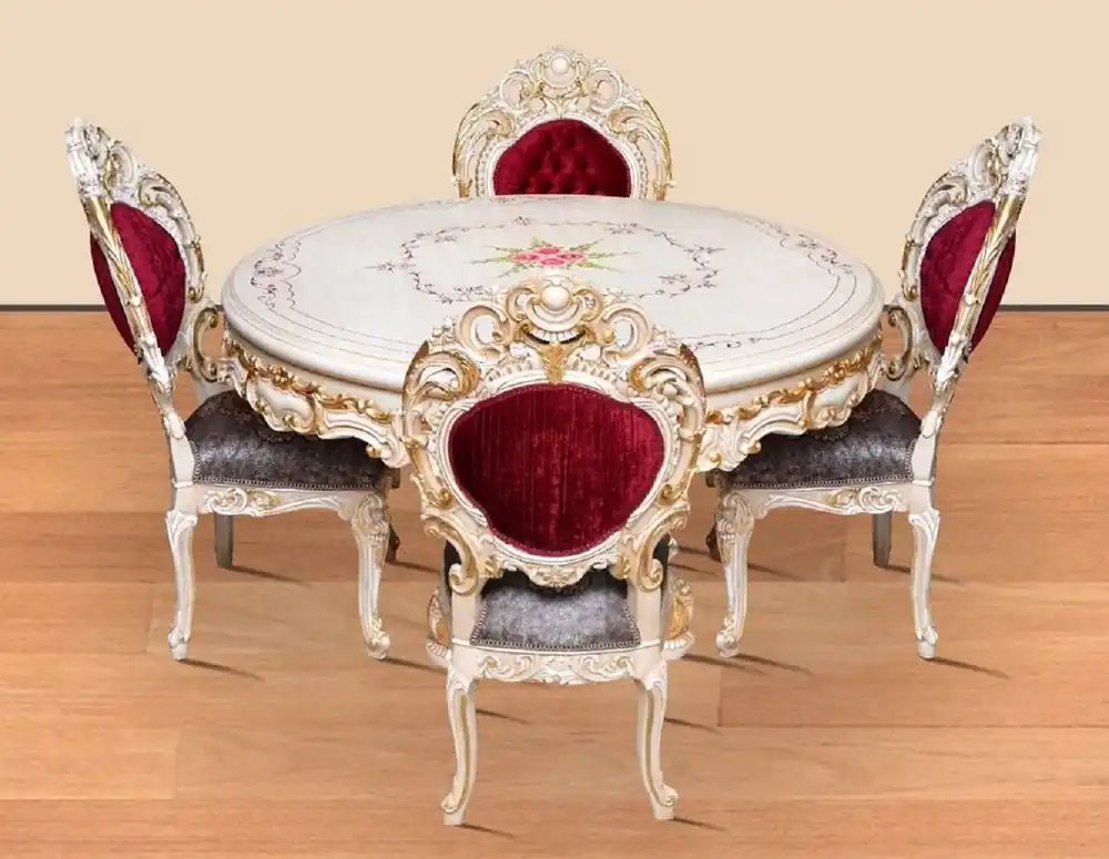 Neu Casa Padrino ensemble de salle à manger baroque bordeaux rouge / gris / blanc / or - 1 Table à Manger Ronde & 4 Chaises de Salle à Manger - Magnifique mobilier de salle à manger de style baroque