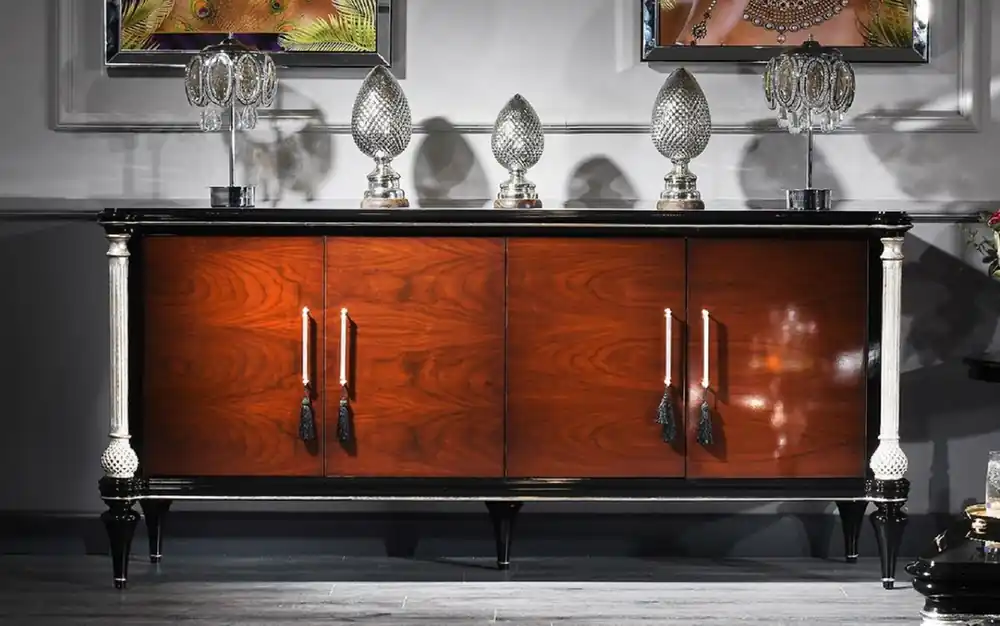 Sonderaktion Casa Padrino buffet baroque de luxe marron / noir / argent - Armoire en bois massif noble avec 4 portes - Mobilier Baroque