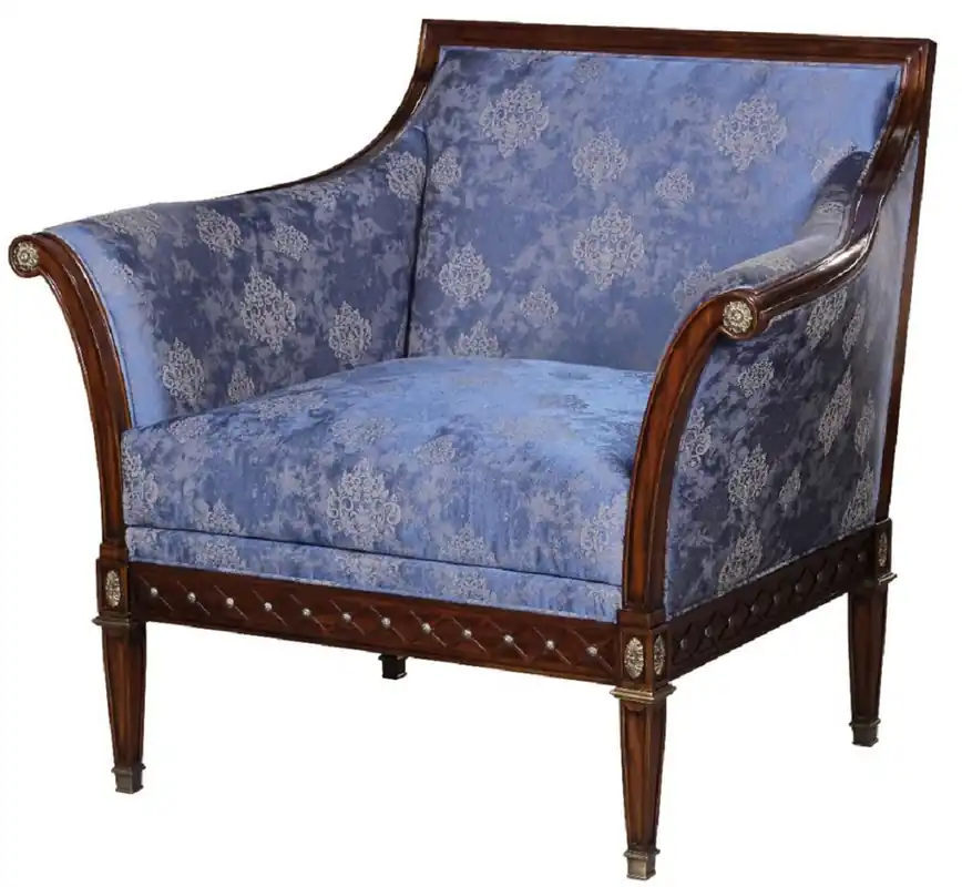 Casa Padrino fauteuil Art Nouveau de luxe bleu / marron / laiton antique 112 x 89 x H. 100 cm - Fauteuil de salon en acajou noble avec élégant motif damassé - Mobilier de Salon Baroque & Art Nouveau Sale