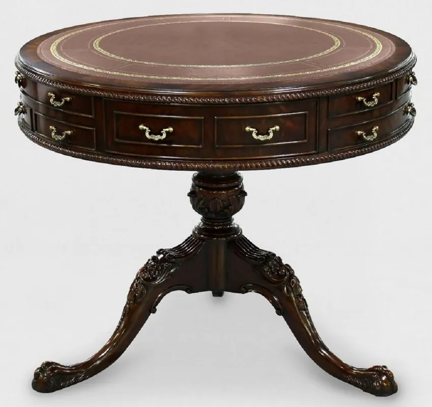 Mega-Angebot Casa Padrino table d'appoint baroque de luxe marron / or Ø 91 x H. 76 cm - Table ronde en acajou avec 14 tiroirs et cuir véritable - Mobilier baroque en acajou