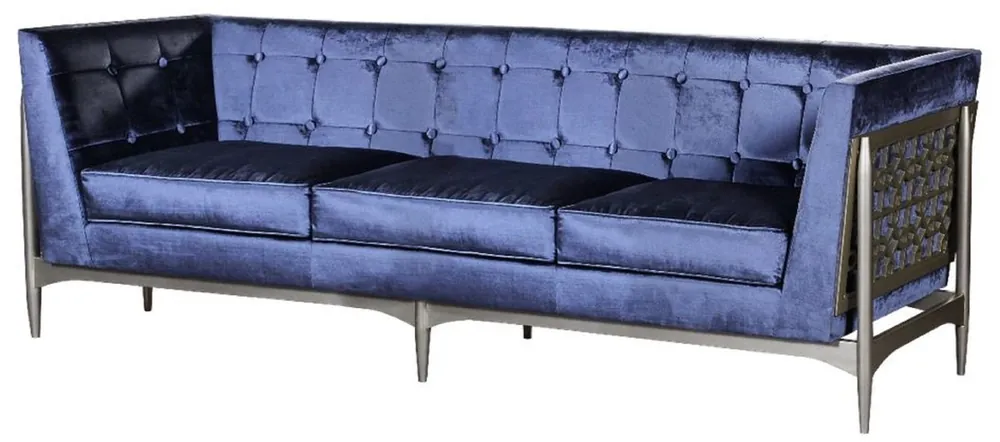 Casa Padrino canapé 3 places Art Déco de luxe bleu / gris 250 x 76 x H. 83 cm - Canapé en velours noble avec structure en acajou - Mobilier de Salon Art Déco Letzte Chance