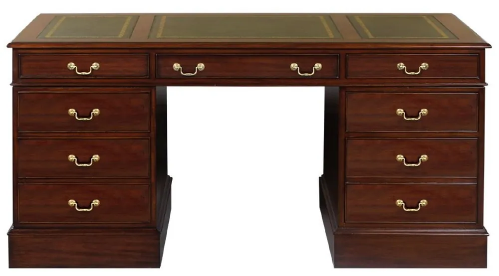 Casa Padrino bureau de luxe en acajou marron foncé / vert / or 140 x 70 x H. 78 cm - Table de bureau style anglais - Mobilier de bureau de luxe Top-Seller