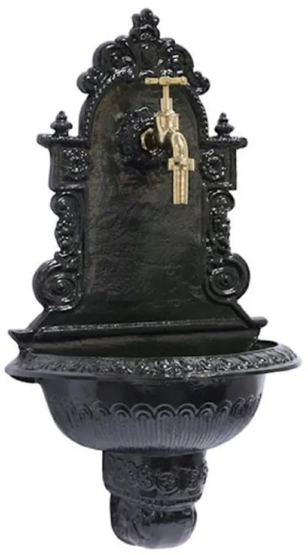 Casa Padrino fontaine murale Art Nouveau vert foncé / laiton 41 x H. 75 cm - Fontaine de décoration de jardin nostalgique avec robinet - Accessoires de Jardin Ausverkauf