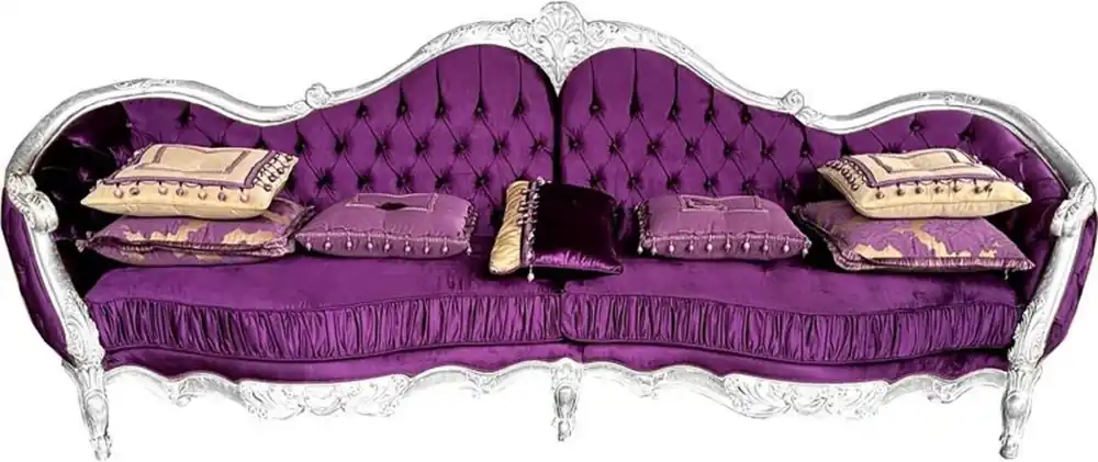Casa Padrino canapé baroque de luxe violet / argent - Canapé de salon fait main avec tissu satiné fin - Mobilier Baroque - Noble et Magnifique Nur Für Kurze Zeit