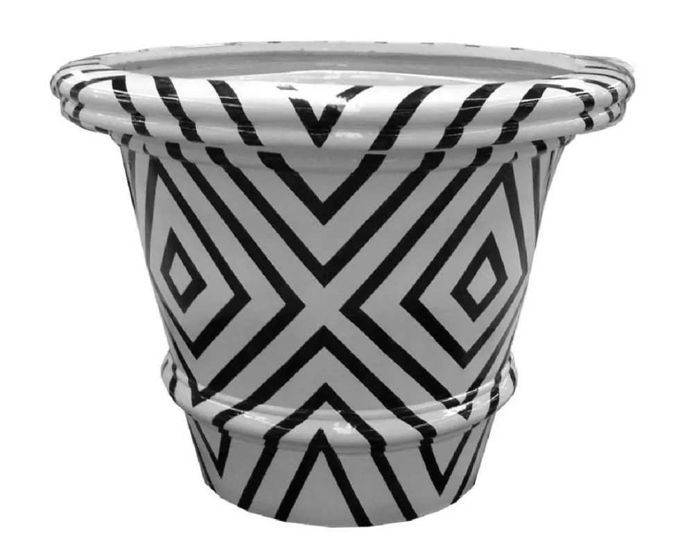 Casa Padrino pot de fleur de luxe blanc / noir Ø 54 x H. 44,5 cm - Pot en céramique fait main et peint à la main - Décoration de Jardin Terrasses Balcon - Accessoires de Décoration de Luxe Echt