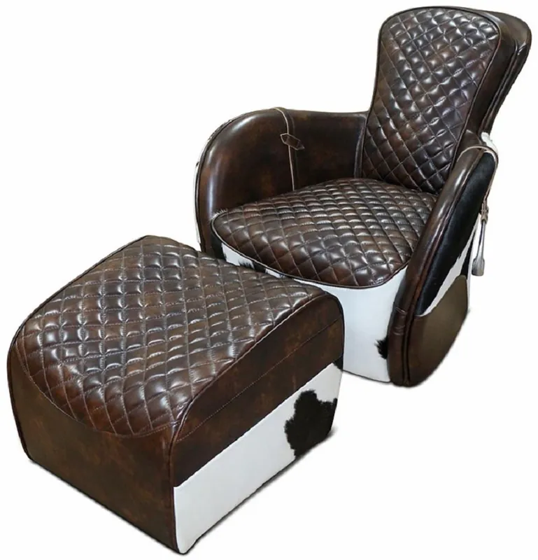 Super-Preis Casa Padrino fauteuil de salon en cuir véritable avec pouf marron foncé / blanc / noir / argent - Meubles de Salon - Meubles en Cuir Véritable