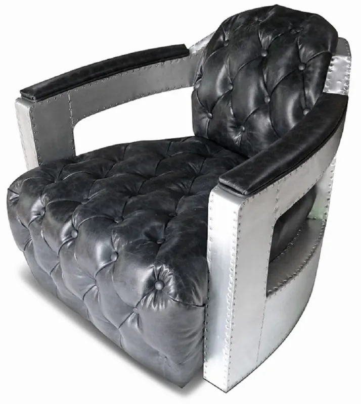 Casa Padrino fauteuil Chesterfield en cuir véritable noir vintage / argent 73 x 90 x H. 70 cm - Fauteuil de salon en cuir - Fauteuil lounge - Fauteuil art déco - Meubles d'aviateur d'avion en aluminium Echt