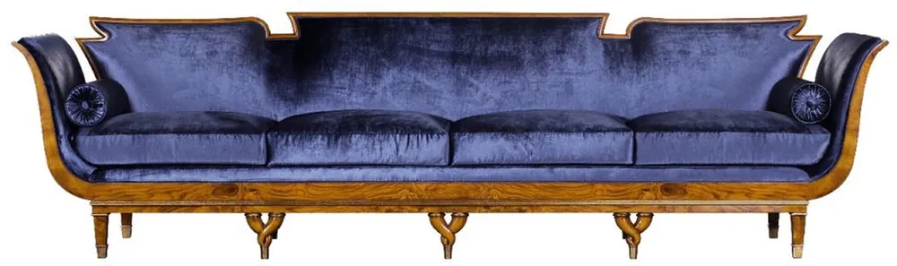 Casa Padrino canapé Art Nouveau de luxe 4 places en velours bleu / marron clair - Canapé de salon fait main noble - Mobilier de Salon Baroque & Art Nouveau Letzte Chance