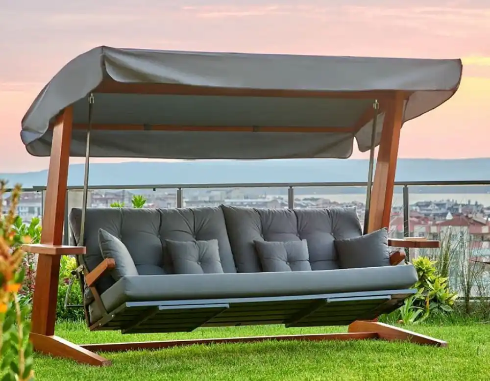 Heißes Angebot Casa Padrino balançoire Hollywood de luxe gris anthracite / marron - Balançoire de jardin moderne résistante aux intempéries avec auvent - Balançoire de Terrasse de Jardin - Meubles d'Hôtel
