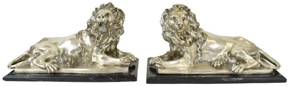 Preisreduziert Casa Padrino ensemble de figurines en bronze de luxe lions argent / noir 60 x 27 x H. 33 cm - Figurines décoratives en métal argenté avec socle en marbre - Accessoires de Décoration