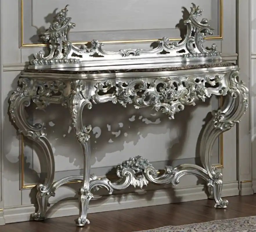 Casa Padrino console baroque de luxe argent / noir - Magnifique console sculptée à la main avec plateau en marbre - Mobilier d'Hôtel - Mobilier de Château - Qualité de Luxe - Fabriqué en Italie Neuheit