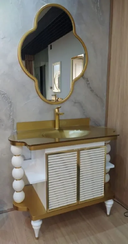 Casa Padrino ensemble de salle de bains baroque blanc / or - 1 Table de Lavage avec Lavabo en Verre & 1 Miroir Mural - Meubles de Salle de Bain Baroques Neue Kollektion