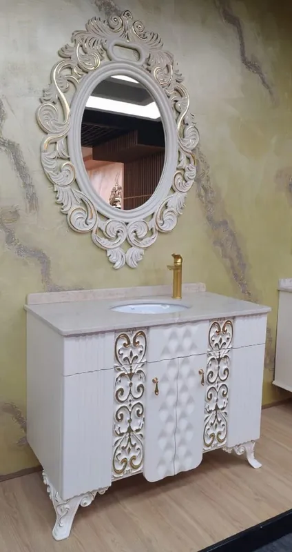 Casa Padrino ensemble de salle de bains baroque blanc / or - 1 Table de Lavage avec Dessus en Marbre et Lavabo en Céramique & 1 Miroir Mural - Magnifique mobilier de salle de bain baroque Beliebt