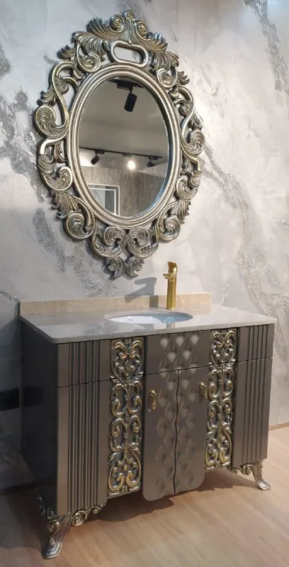 Casa Padrino ensemble de salle de bains baroque argent / or / crème - 1 Table de Lavage avec Dessus en Marbre et Lavabo en Céramique & 1 Miroir Mural - Magnifique mobilier de salle de bain baroque Knallerangebot